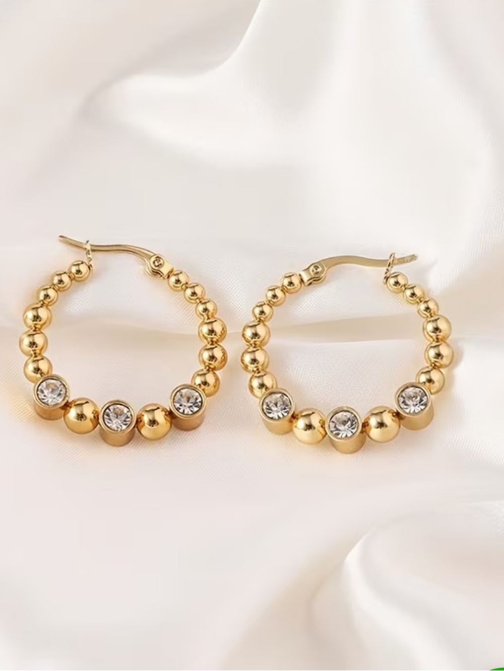 Gold Beaded Hoop Earrings with Crystal Accents - Women Jewelry